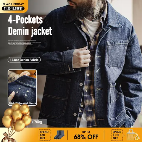 Maden 레트로 4포켓 데님 자켓, 라펠 디자인과 14oz 코튼 소재로 제작된 네이비 블루 색상입니다. 싱글 브레스트 디자인으로 가을철 남성용으로 적합하며, 클래식한 스타일과 실용적인 포켓으로 일상적인 착용에 안성맞춤입니다