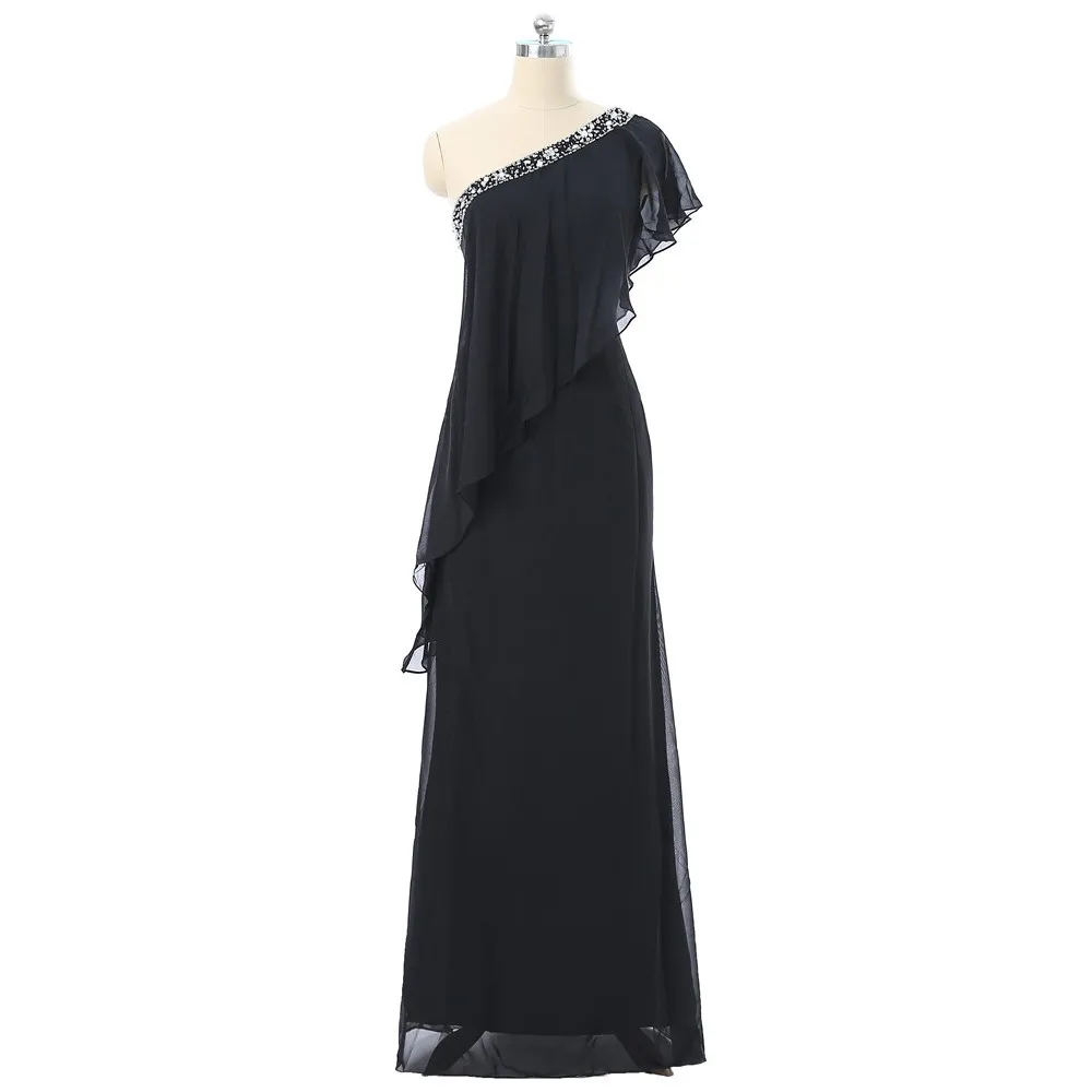 Black Mother Of The Bride Dresses A-line One-shoulder Chiffon Beaded Plus Size Long Groom Mother Dresses For Wedding