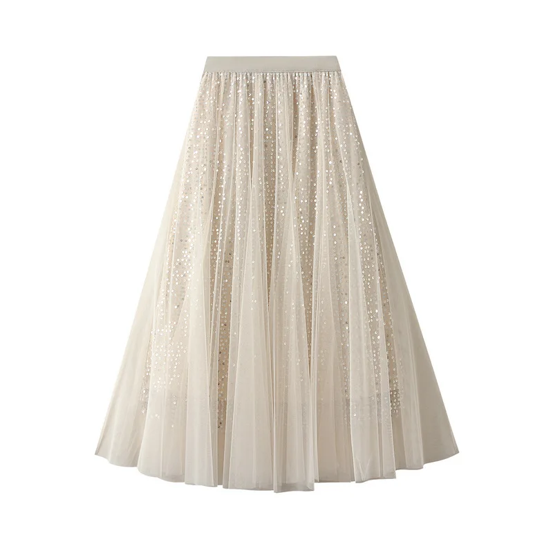 

Luxury Sequin Mesh Elegant Long Skirt Women Spring Autumn Fashion High Waist Sweet Party A-line Tulle Tutu Skirts