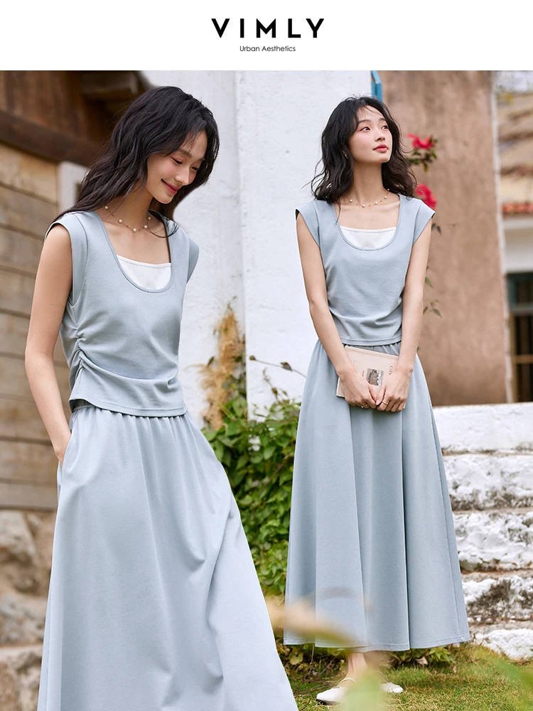

VIMLY 2 Piece Sets Woman Outfit 2025 Casual Short Sleeve Top Long Skirt Set Women's Summer Cotton Blend Skirt Suit Female TA1131