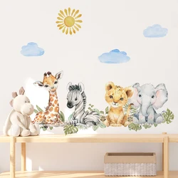 Cartoon Africa Animals grassland Watercolor Sun Cloud Wall Stickers for Kids Room Nursery Elephant Giraffe Stickers Room Decor