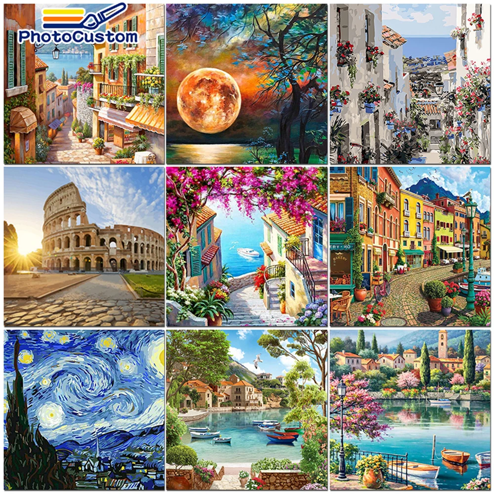 

PhotoCustom DIY Oil Paint Paintings By Numbers Town Landscape Picture Drawing By Numbers Canvas Coloring By Numbers Acrylic Pain