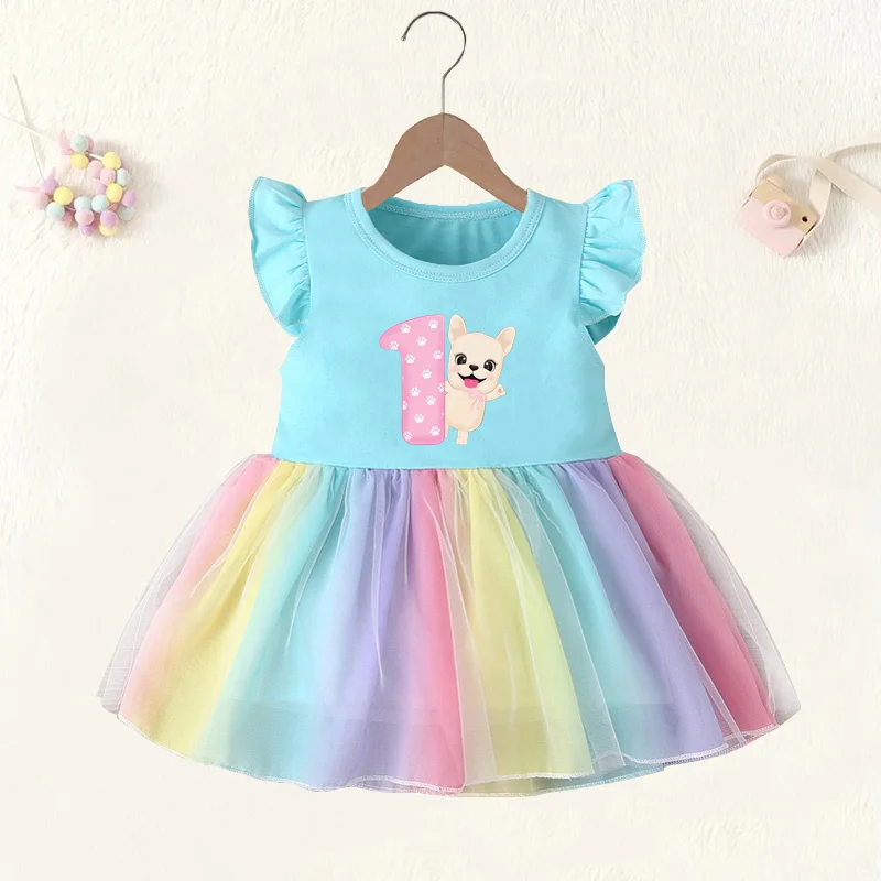 Baby Girl Clothes 1 2 3 4 Years Birthday Dress French Bulldog Dog Print Princess Vestidos Toddler Girls Rainbow Mesh Dresses