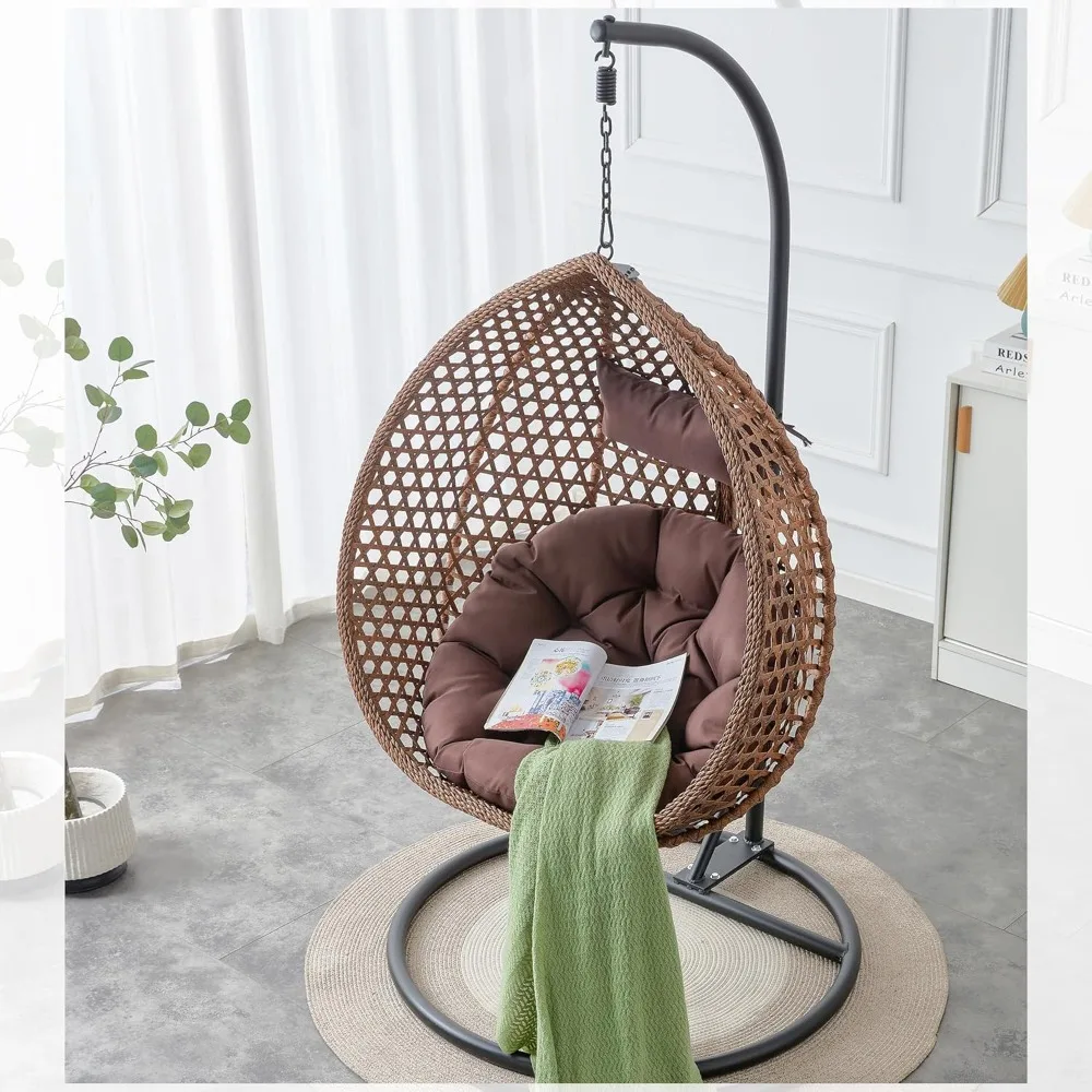 Swing Rattan Basket Chair with Stand, Hanging Egg Chair with Cushion and Pillow