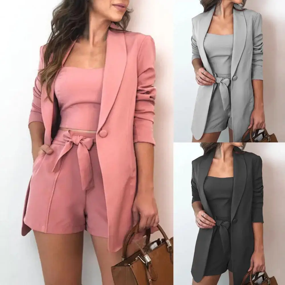 Blazer Shorts Set Three Pieces Set Solid Color Blazer Shorts Vest Suit Set Long Sleeve Blazer Summer Outfit for Travel