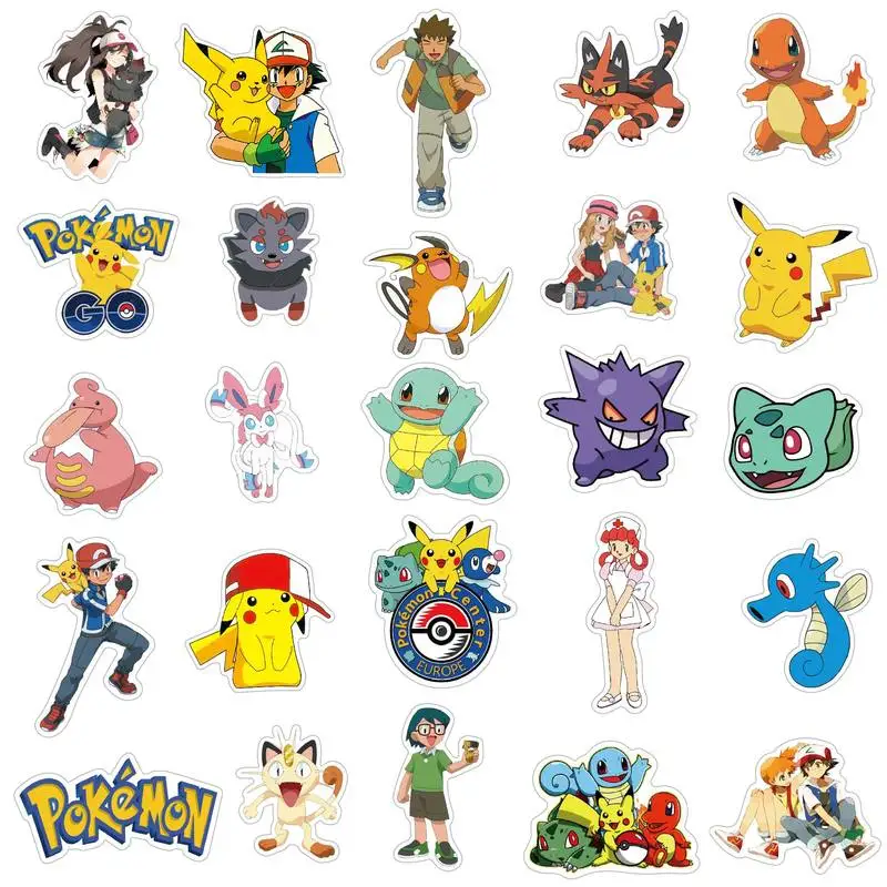 50pcs Anime Figure Pikachu Cartoon Stickers Pvc Waterproof Luggage Laptop Guitar Moto Car Sticker No Duplicate Kids Gift Toys