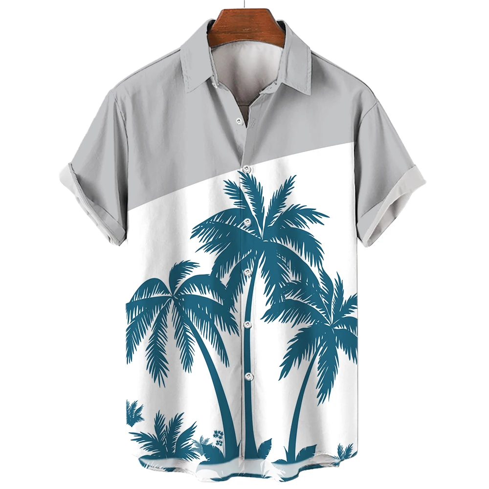 Coconut Tree Printed Hawaiian Shirt Simple Summer Style Beach Shirts Men\'s Seaside Quick Drying Short Sleeve Top Casual Men Wear