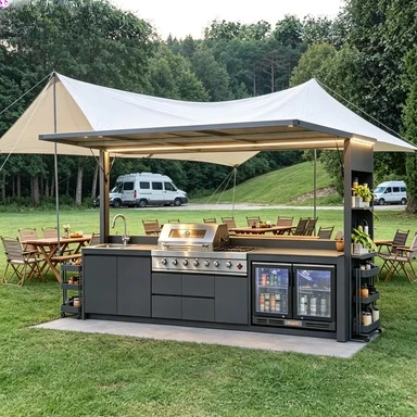 Modular Aluminum Alloy Outdoor Kitchen Shed Weatherproof Outdoor Bbq Kitchen Cabinetry Remote Control Outdoor Kitchen with Roof
