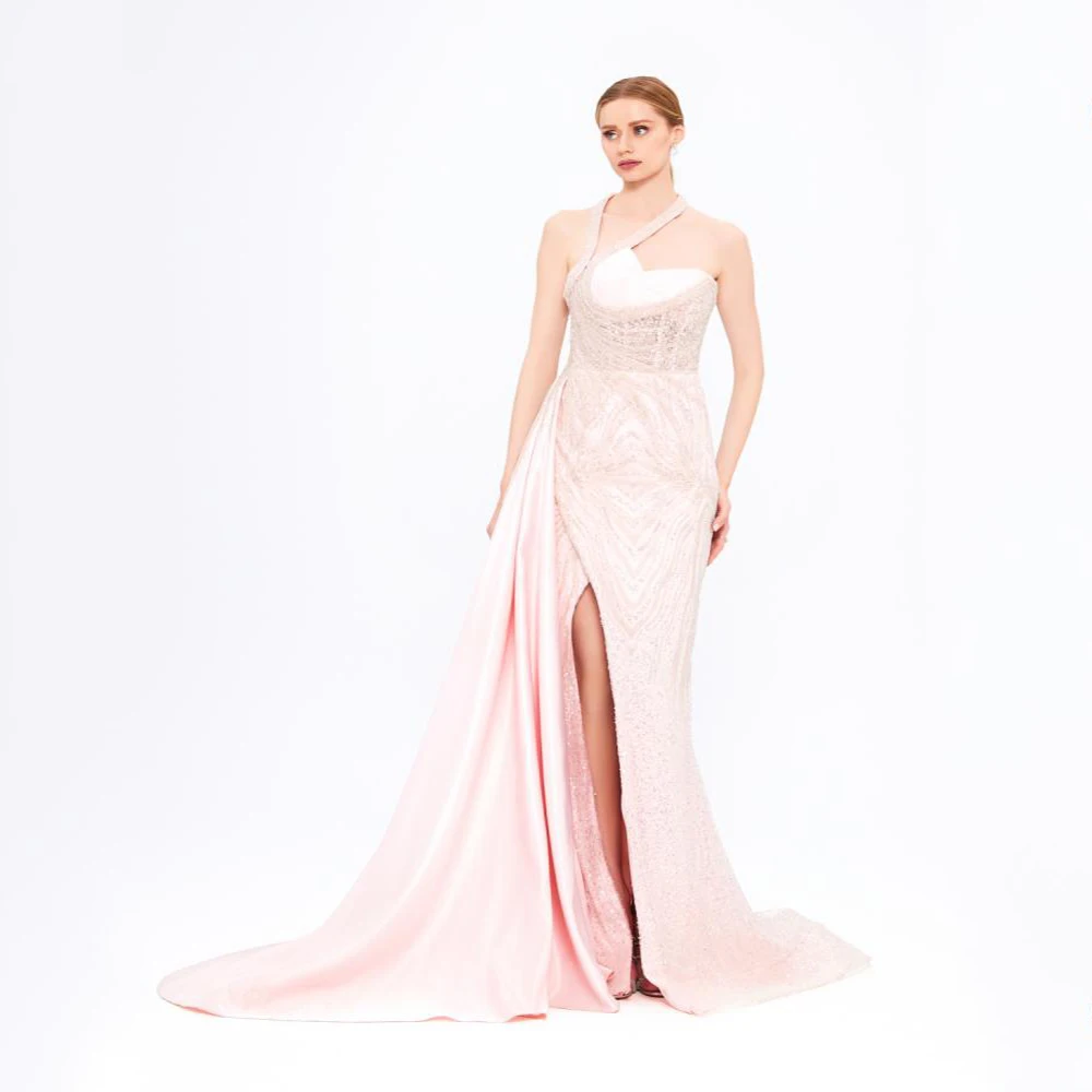 

Arya Elegant Pink Evening Dress Satin for Floor-Length Halter Sleeveless Formal Evening Sequin Vestidos De Fiesta Customized