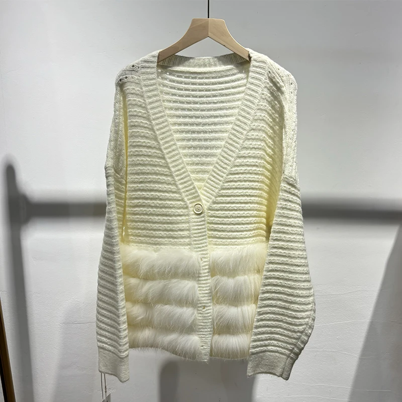 2025 weibliche Natürliche Fuchs Pelz Außerhalb Dekoration Mädchen Herbst Kamel Pullover Gestrickte Langarm Mantel