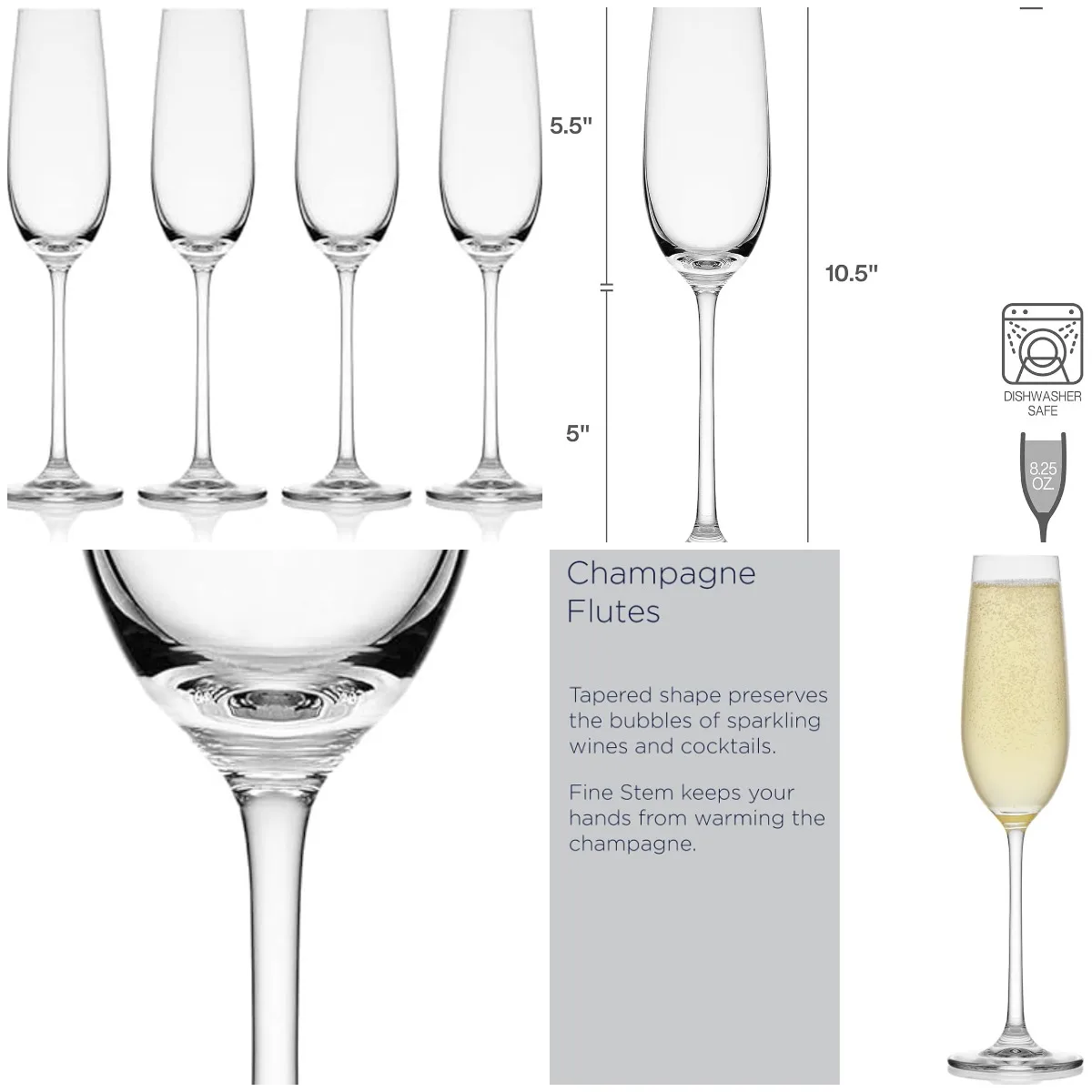 

Lana Champagne Flutes Glasses, Set of 4, 8.25 Ounce, Clear