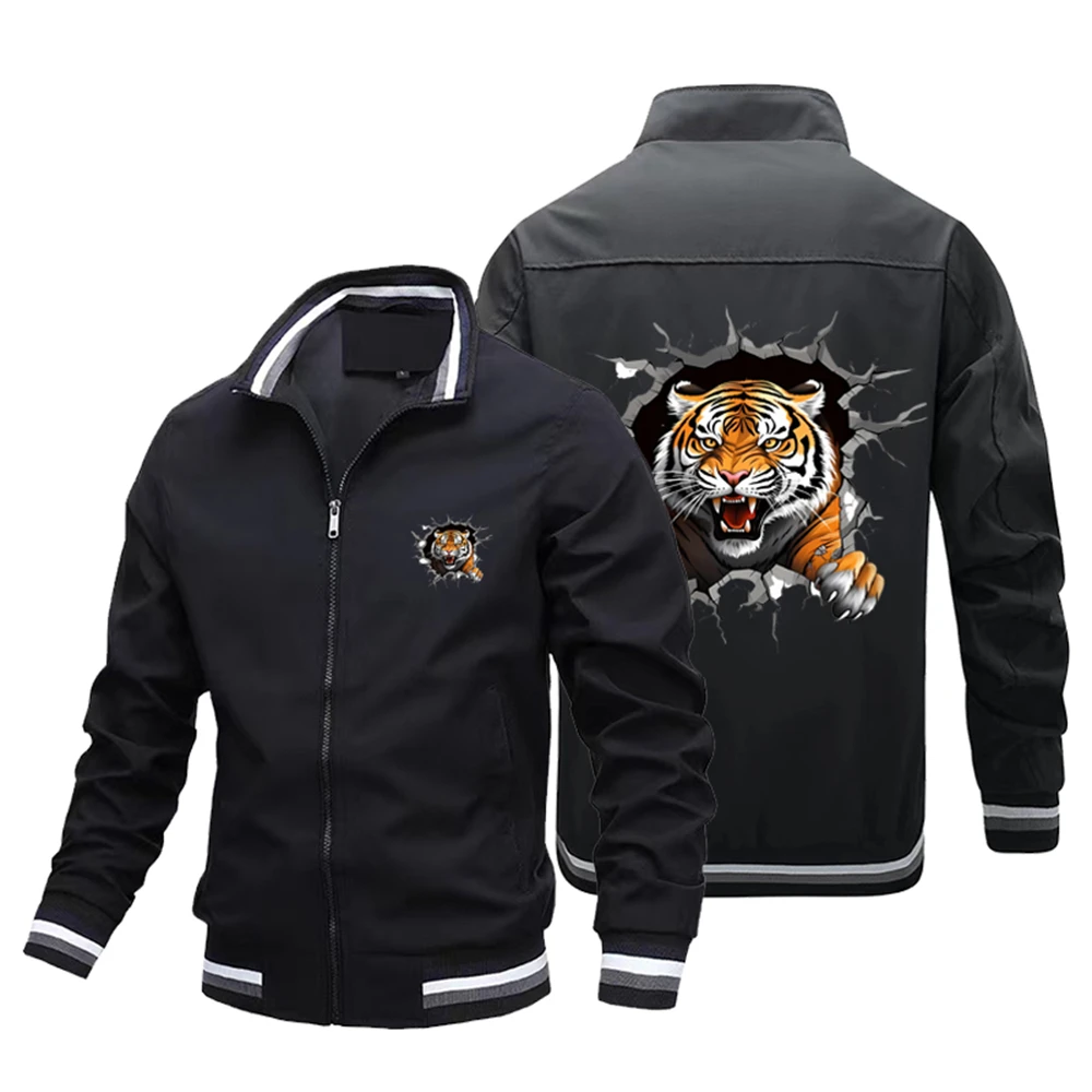 2024 Spring and Autumn New Men\'s 3D Tiger Flying Jacket Fashion Animal Pattern Windproof Plus Size Street Collar Casual Coat