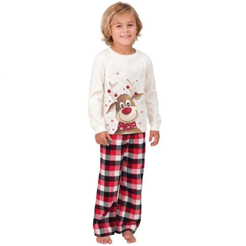 Parent-Child Plaid Long-Sleeved Long Pants Pajamas Set Round Neck Cotton Loungewear Family Matching Outfits Two-Piece Set