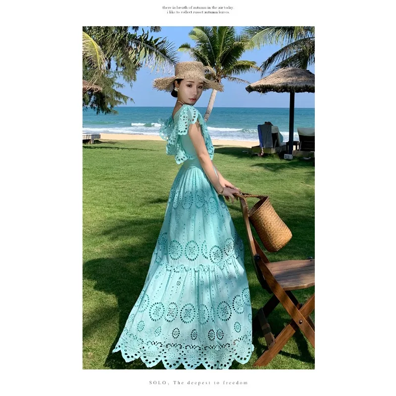 Tiro real de estilo fada personalizado recorte bordado babados mangas voadoras profundo decote em v cintura vestido saia longa