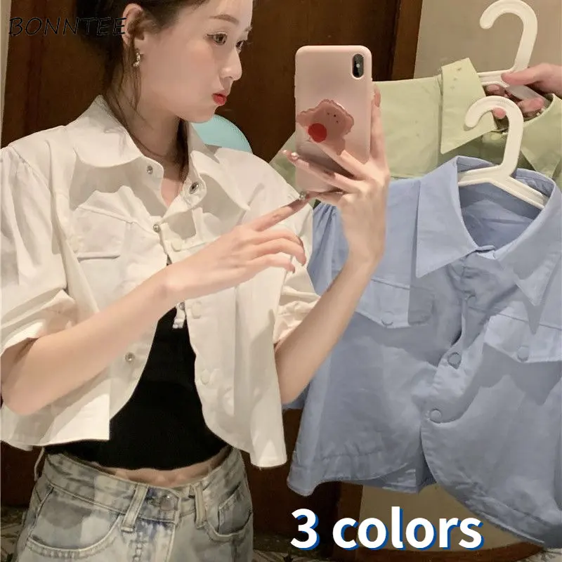 Jackets Women Loose Office Lady Young Sweet Summer Short-sleeve Vintage Solid Boyfriend Leisure Gentle Crop Overcoats Harajuku