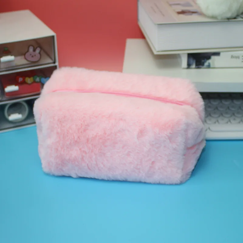 10Pcs Portable Plush Pen Bag Solid Color Fur Pencil Case Large Capacity Zipper Soft Organizer Case School Stationery Supplies