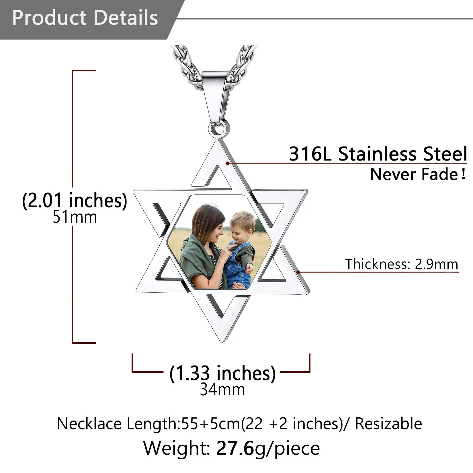 U7 Stainless Steel Star of David Necklace with Your Photo Memorial Picture Laser Engrave Name Personalized Jewelry for Family