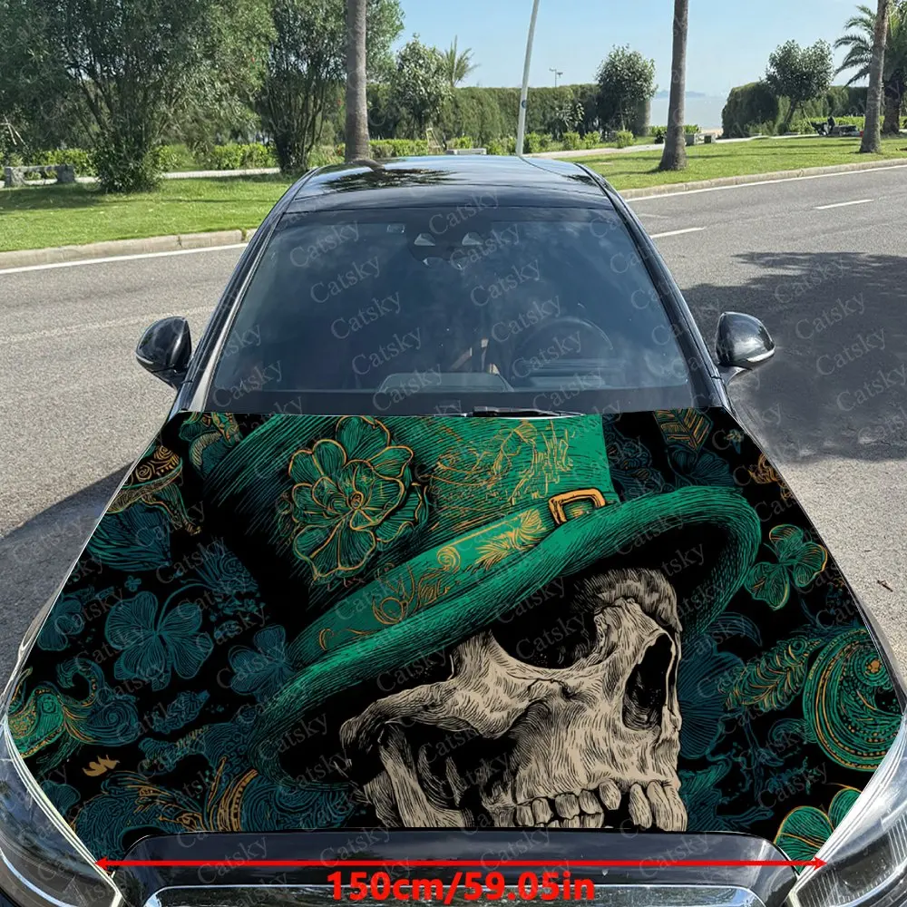 Car Decal Artistic Fusion of Skull, Green Patterned Top Hat and Floral Elements in Dark Gothic Style  Car Hood Sticker, Waterpro
