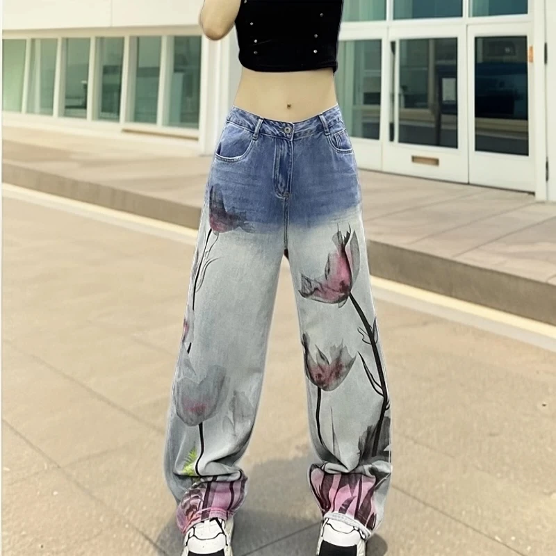 

Women's Washed Wide-Leg Jeans Retro High-Waist Gradient Ink Floral Loose Slim Fit Denim Pants Spring Summer 2025