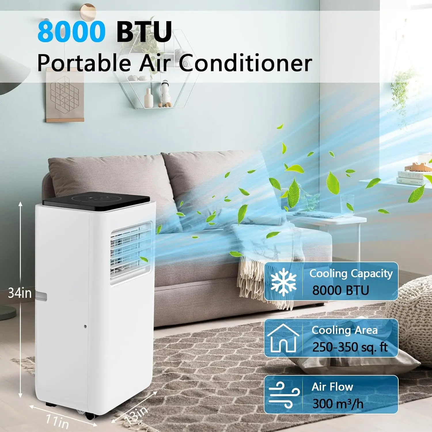 8000 BTU Portable Air Conditioner with Dehumidifier and Remote Control, AC for Apartment, Bedroom, Medium Rooms up to 350 Sq.Ft.