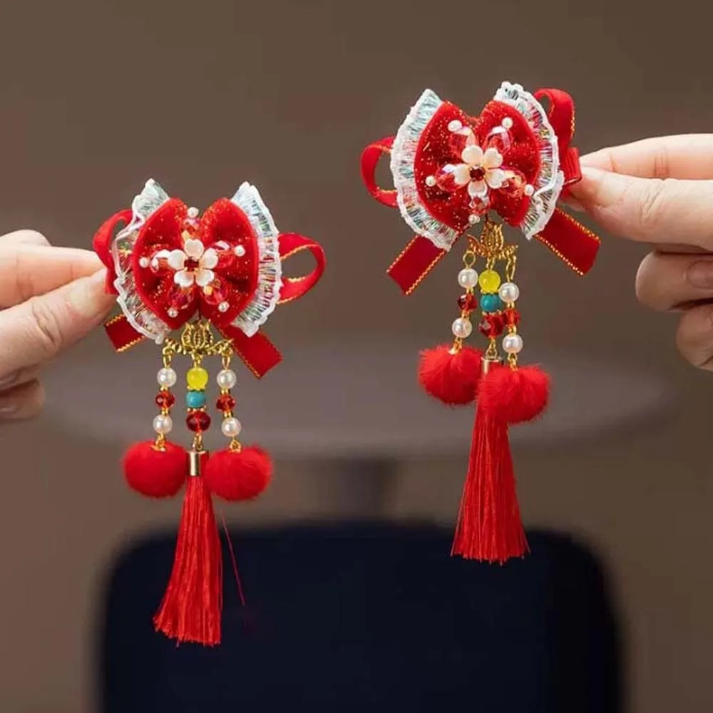 

2pcs Cute Lion Children's Chinese Hairpin Ball Flower Embroidered Bow Headwear Golden Lock Bow Ancient Style Hair Clip Girls