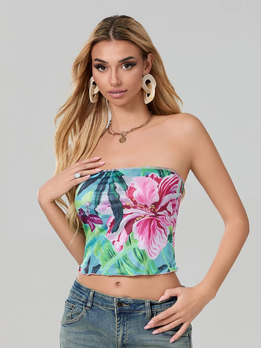 Women Floral Tube Tops Bandeau Summer Retro Vintage Strapless Off Shoulder Slim Fit Crop Tops Aesthetic Camis Vests Streetwear