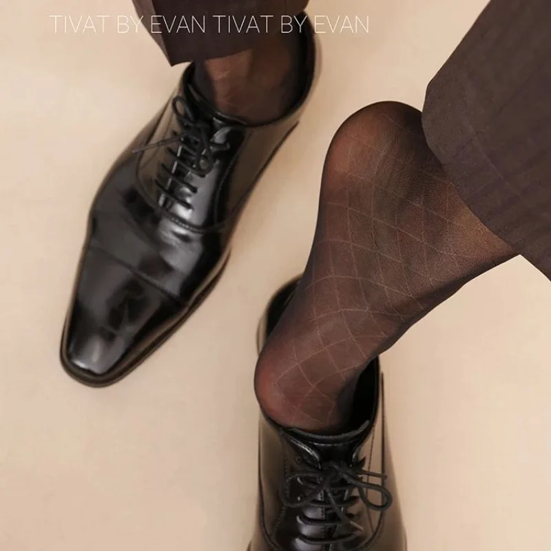 

Man Stockings Men Diamond Check Pattern Transparent Business Dress Socks Man Sexy Thin Gay Sissy Exotic See Through Sheer Socks