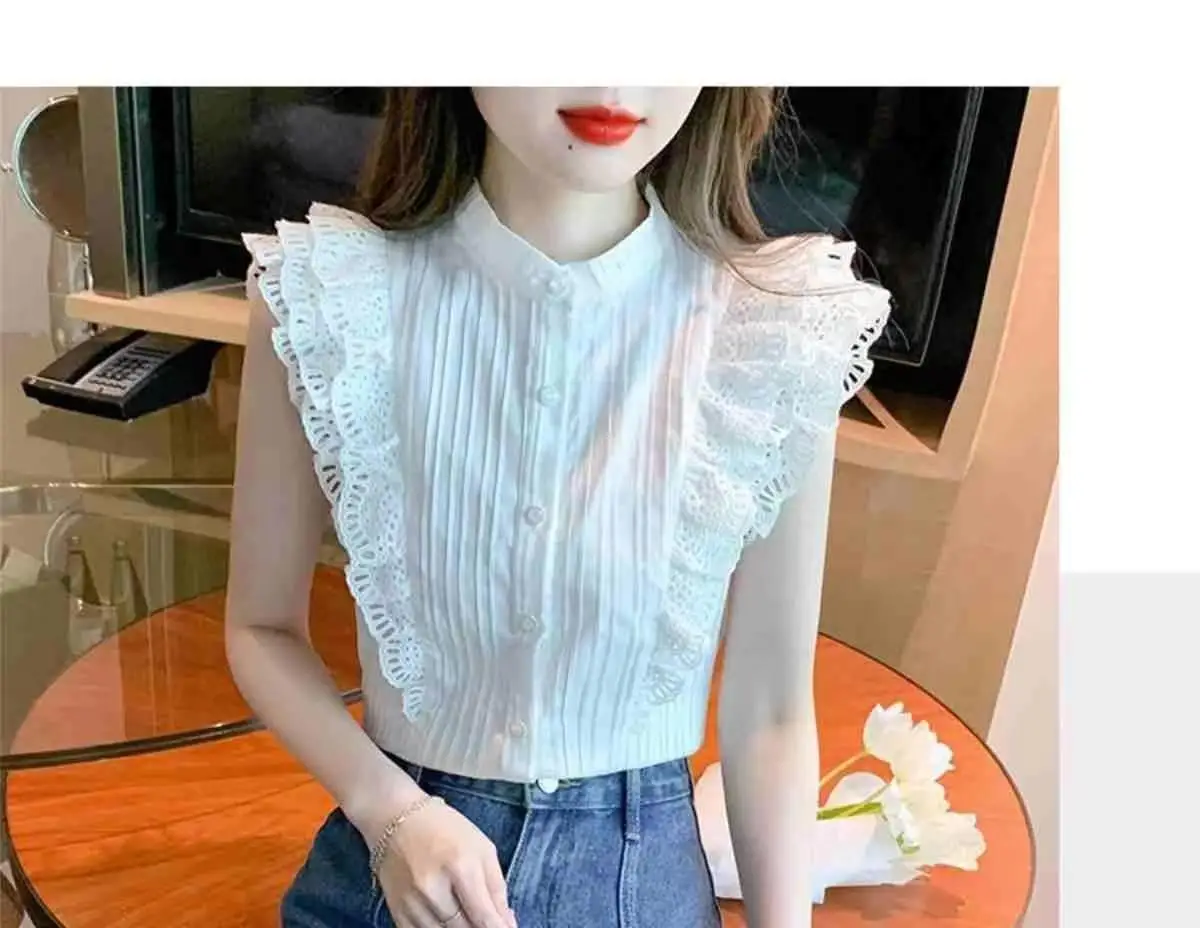 French Ruffle Edge Flying Sleeves White Top Women\'s Summer New Unique Short Sleeves Elegant Chiffon Shirt polo shirts for women