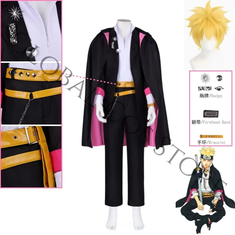 Uzumaki Boruto Cosplay-Kostüm Heißer Anime-Cos-Anzug Perücke Schwarzer Rosa Umhang und Zubehör-Set für Halloween Comic Con Rollenspiel