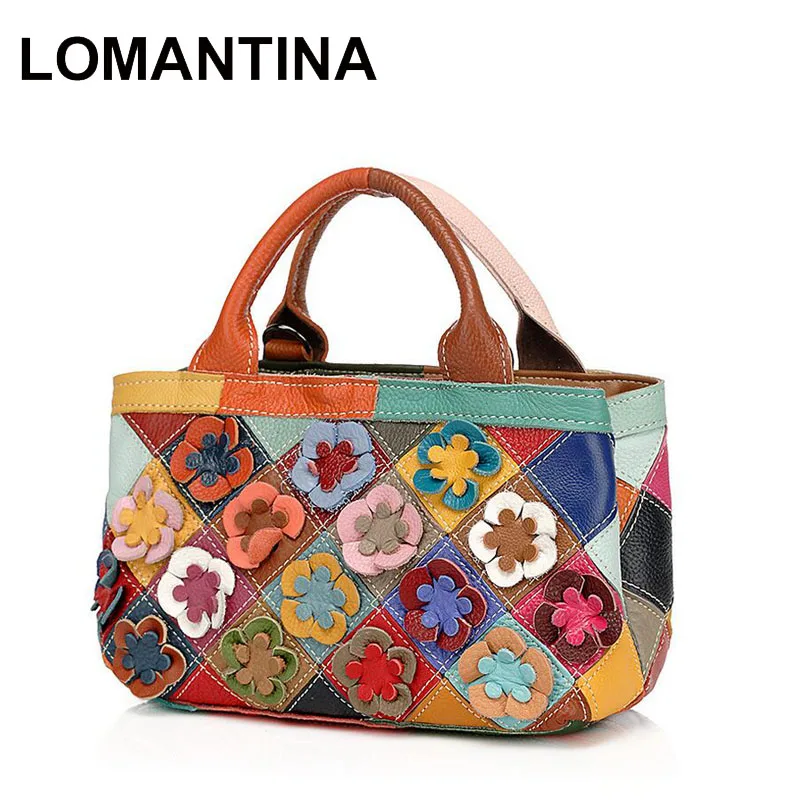 LOMANTINA Genuine Leather Women\'s Casual Fashion Colorful Flower Tote Color Block Random Spliced Messenger Shoulder Purses