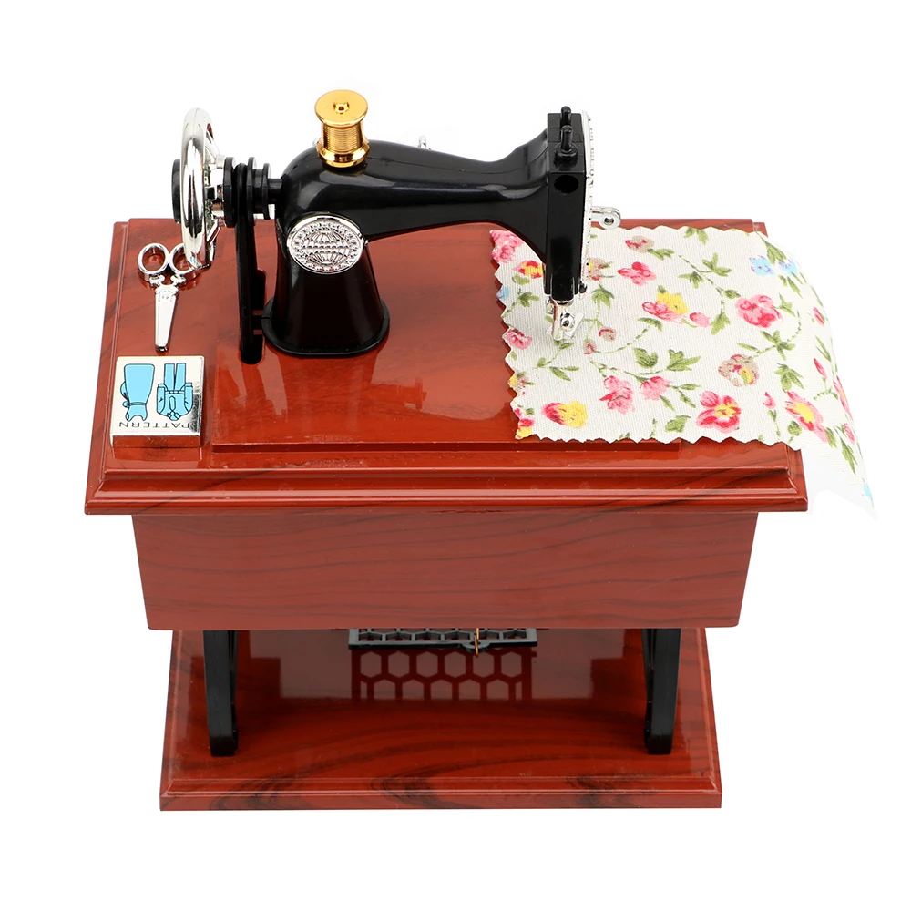 Mini caixa de música estilo máquina de costura, plástico, manivela, vintage, presente de natal, ano novo, aniversário