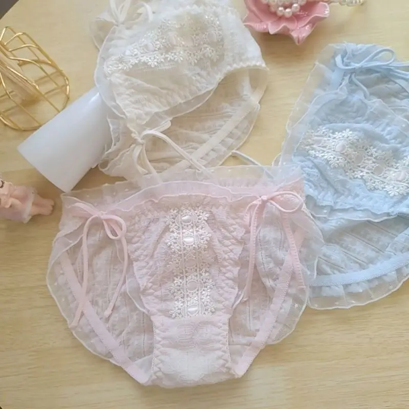 Women Sexy Lace Flower Cotton Underwear Ruffle Princess Style Cute Lovely Sweety Female Panties Tie Strap Breathable Breifs