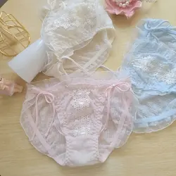 Women Sexy Lace Flower Cotton Underwear Ruffle Princess Style Cute Lovely Sweety Female Panties Tie Strap Breathable Breifs