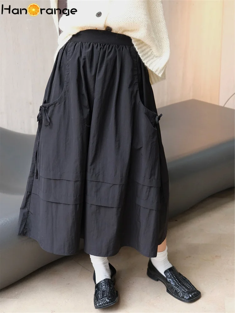 

HanOrange 2024 Autumn Lazy Casual Patchwork Layered Nylon Skirt A-line Silhouette Umbrella Midi Skirt Black/Off White