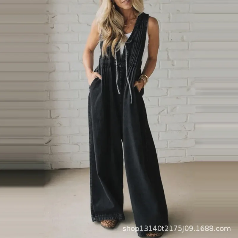 2026 Spring Summer New Casual Versatile Women's Jumpsuits Fashionable Solid Color V-neck Sleeveless High-waisted Loose Jumpsuits