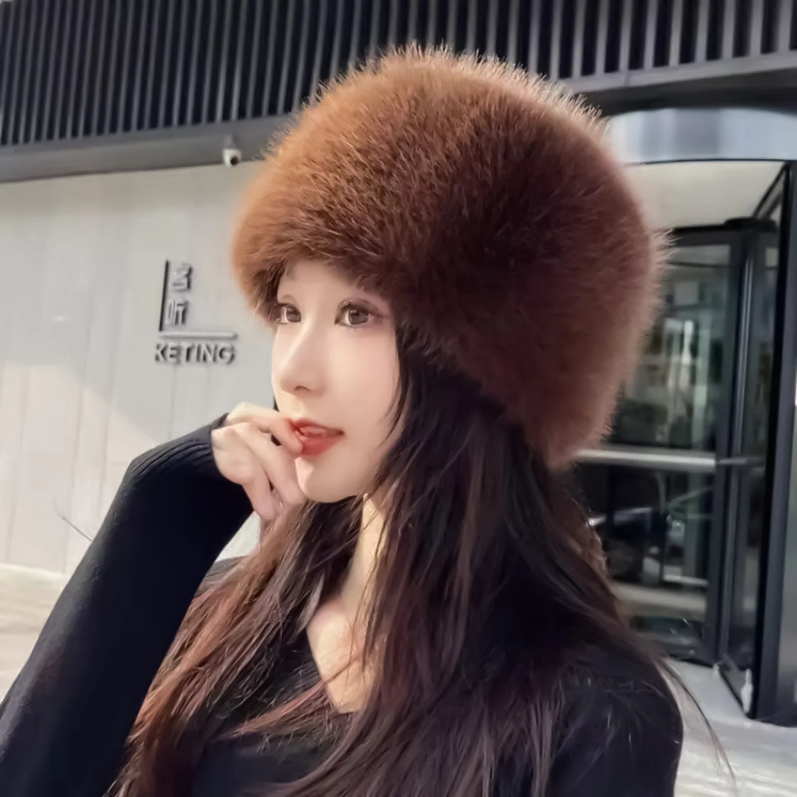 Women's Faux Fur Bucket Hat Winter Snow Ski Cap Mongolian Large Brim Fluffy Thick Warm Windproof Russian Hat Mink Fisherman Hat