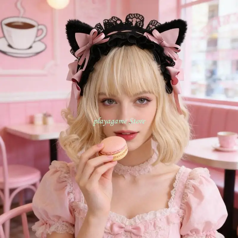 Y88A ผู้หญิงอะนิเมะแถบคาดศีรษะลูกไม้สีดำแม่บ้าน Hairband อุปกรณ์เสริมผมสาว Gothic Headdress สำหรับคอสเพลย์ปาร์ตี้