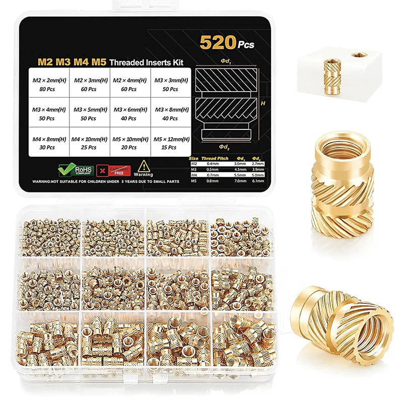 520PCS Brass Knurled Insert Nuts Assortment Kit, Molding Embedded Copper Nuts Box Set