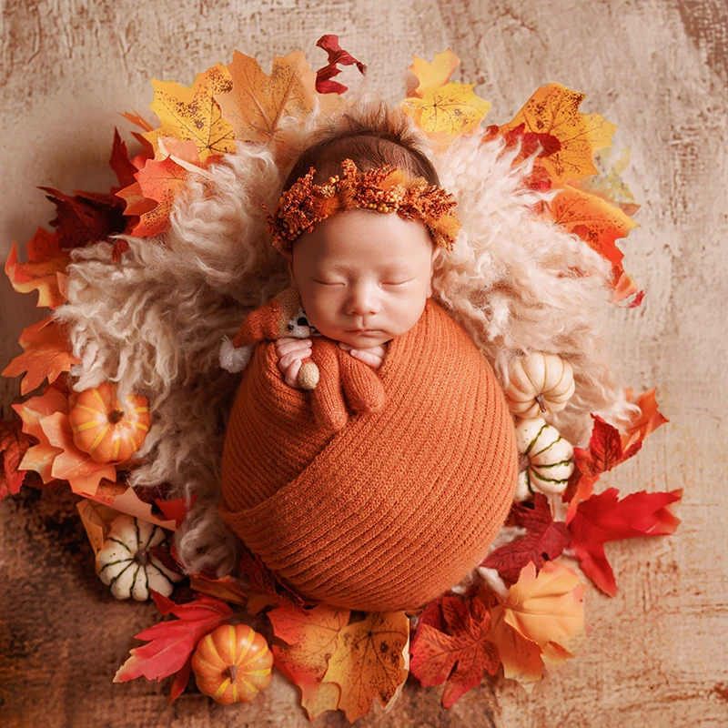 Autumn Theme Newborn Baby Photography Accessories Hand Knitted Wrap Hat Doll Set Studio Baby Photo Wool Mat Nano Background Prop