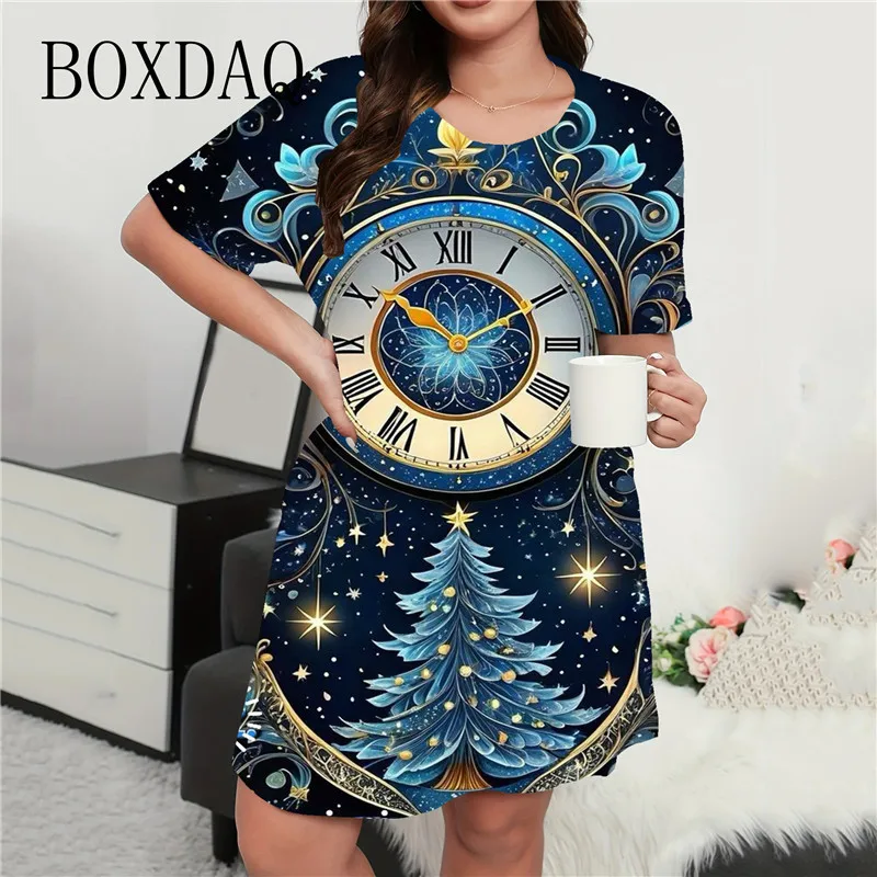 Christmas Print Dress Women Casual O-Neck Short Sleeve A-Line Dress Winter Fashion Plus Size Loose Mini Dress 9XL Summer Clothes