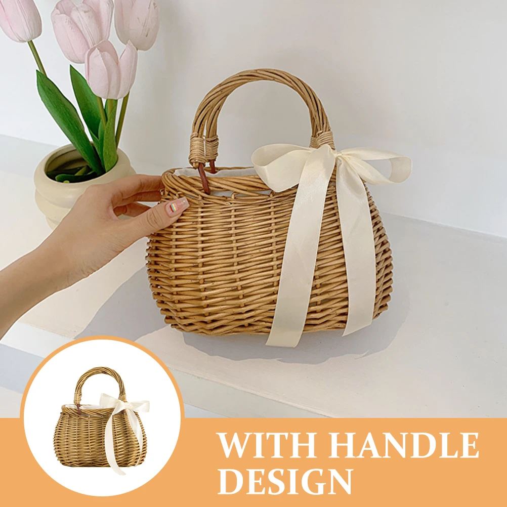 

1pcs Wicker Basket Handmade Storage Tote Multi-function Grocery Picnic Container Picnic Basket Container Durable Fruit Holder