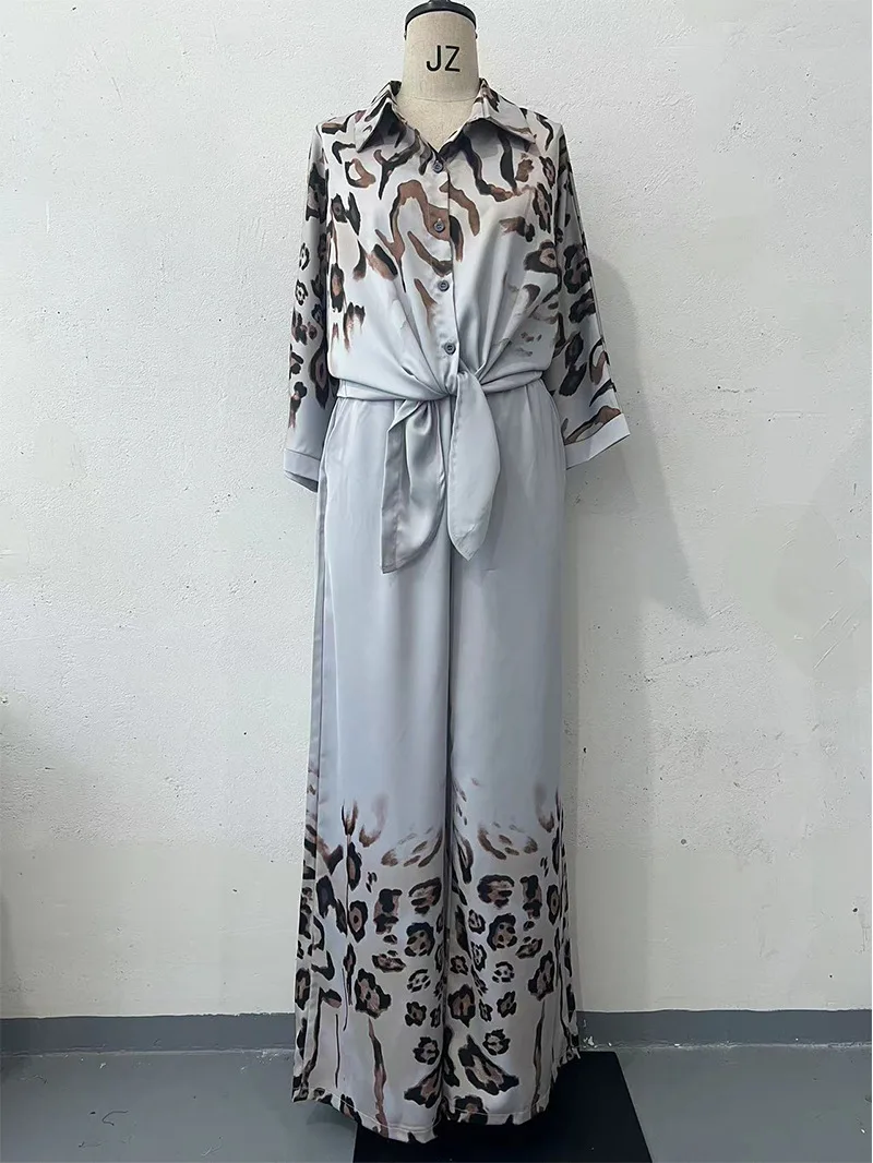 Pant Sets Loungewear Women Elegant Button Leopard Print Fashion Loose Set Retro Lace Up Top Wide Leg Pants 2 Piece Pajamas Set