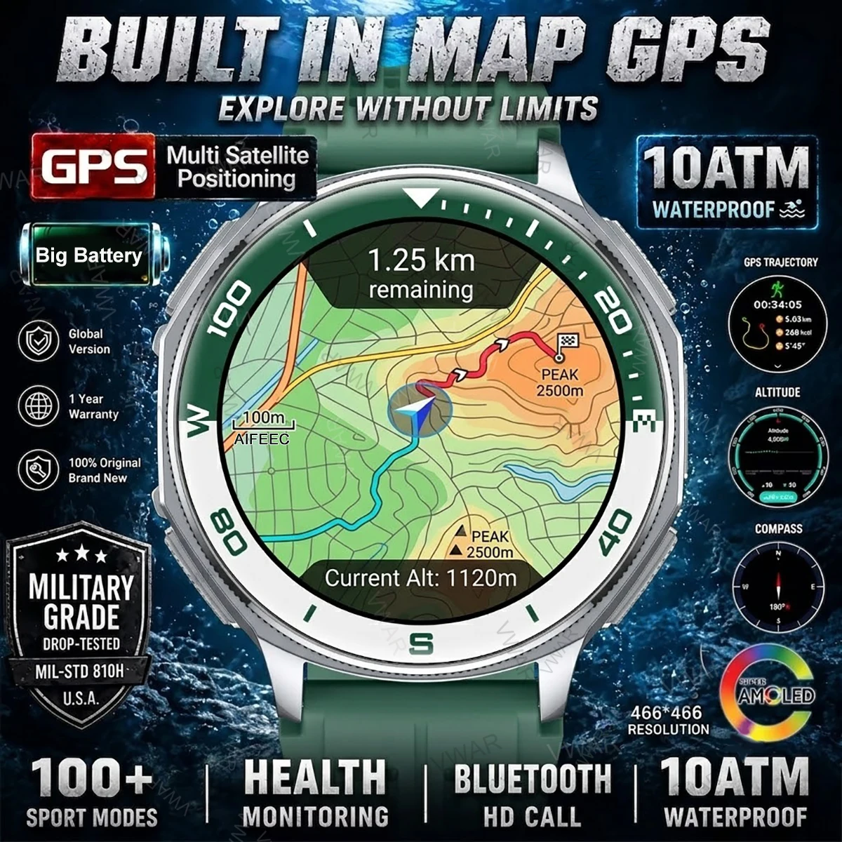 2026 New ULtra Military Grade Smart Watch with Offiline Map 5ATM Waterproof GPS Compass HD call AMOLED 170+Sports Smartwatch