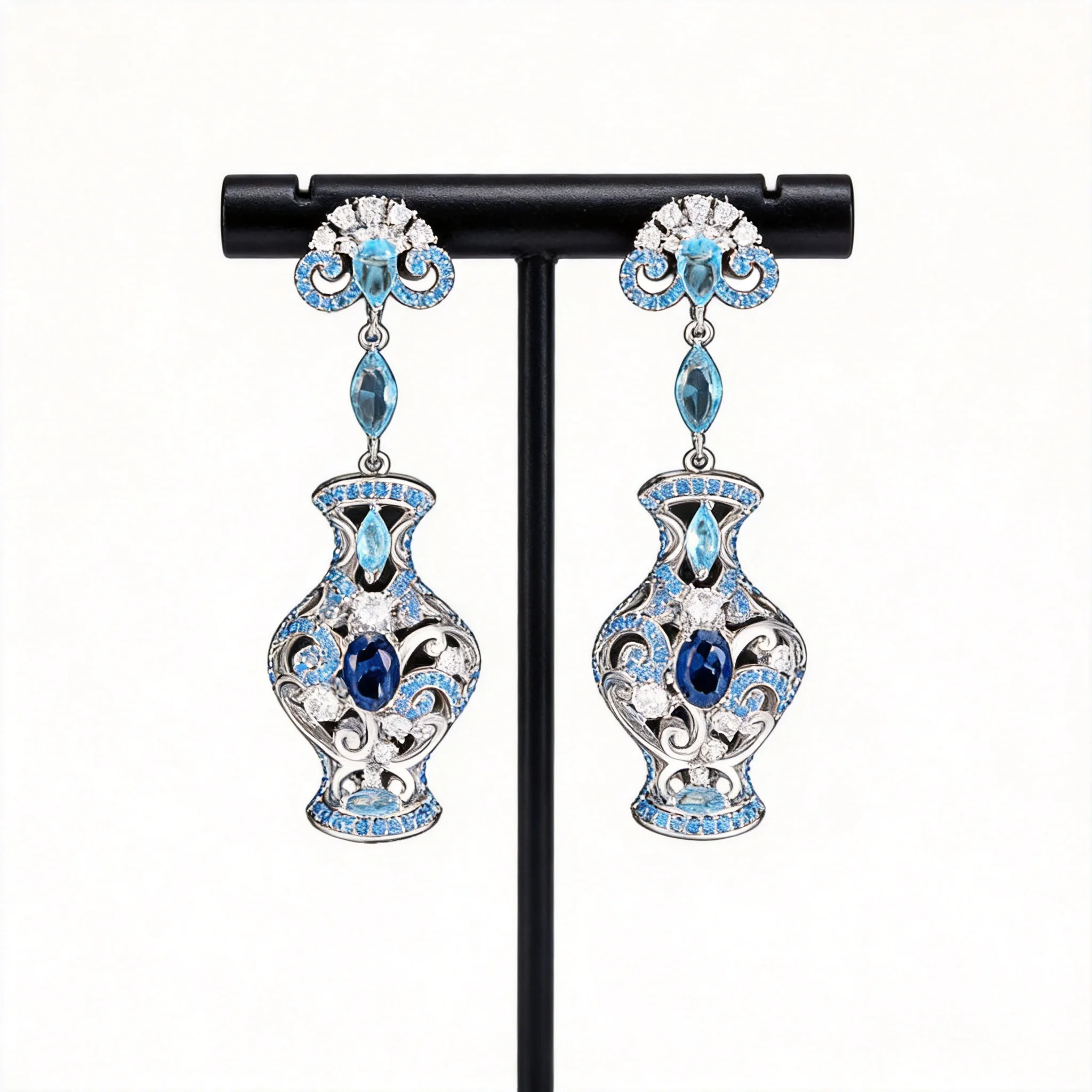 Chinese Style Blue And White Porcelain Inspired Zircon Inlaid Long Dangle Earrings Elegant Vintage Vase Shaped Drop Earrings For