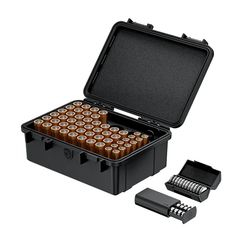 علبة بطارية متعددة في 1 مع جهاز اختبار بطارية لبطاريات AA/AAA حاوية تخزين حامل بطارية خلية العملة لـ CR2032/CR2025