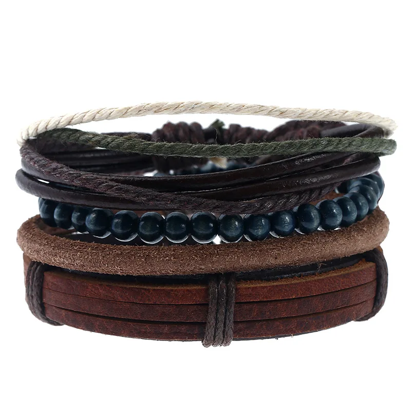 New Casual Weave Multilayer Football Words Charm Men Black Brown Leather Bracelets Female Women Homme Jewelry 4 pcs/Set