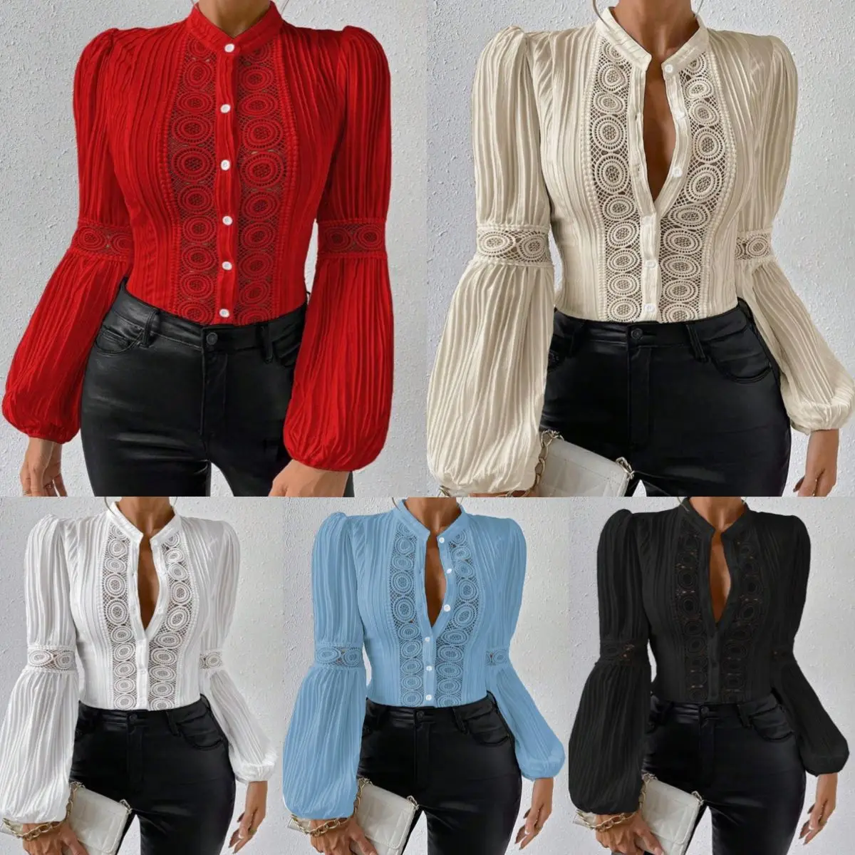 

Nice Women Lantern Sleeve Blouses And Shirts Single Breasted Lace Stitching Blusas Ladies Autumn Camisas Tops