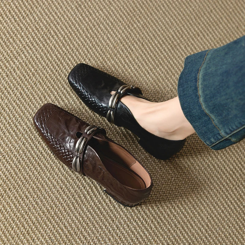2026 new spring autumn women pumps natural leather plus size 22-25cm weave sheepskin+cowhide+pigskin buckle low heel women shoes