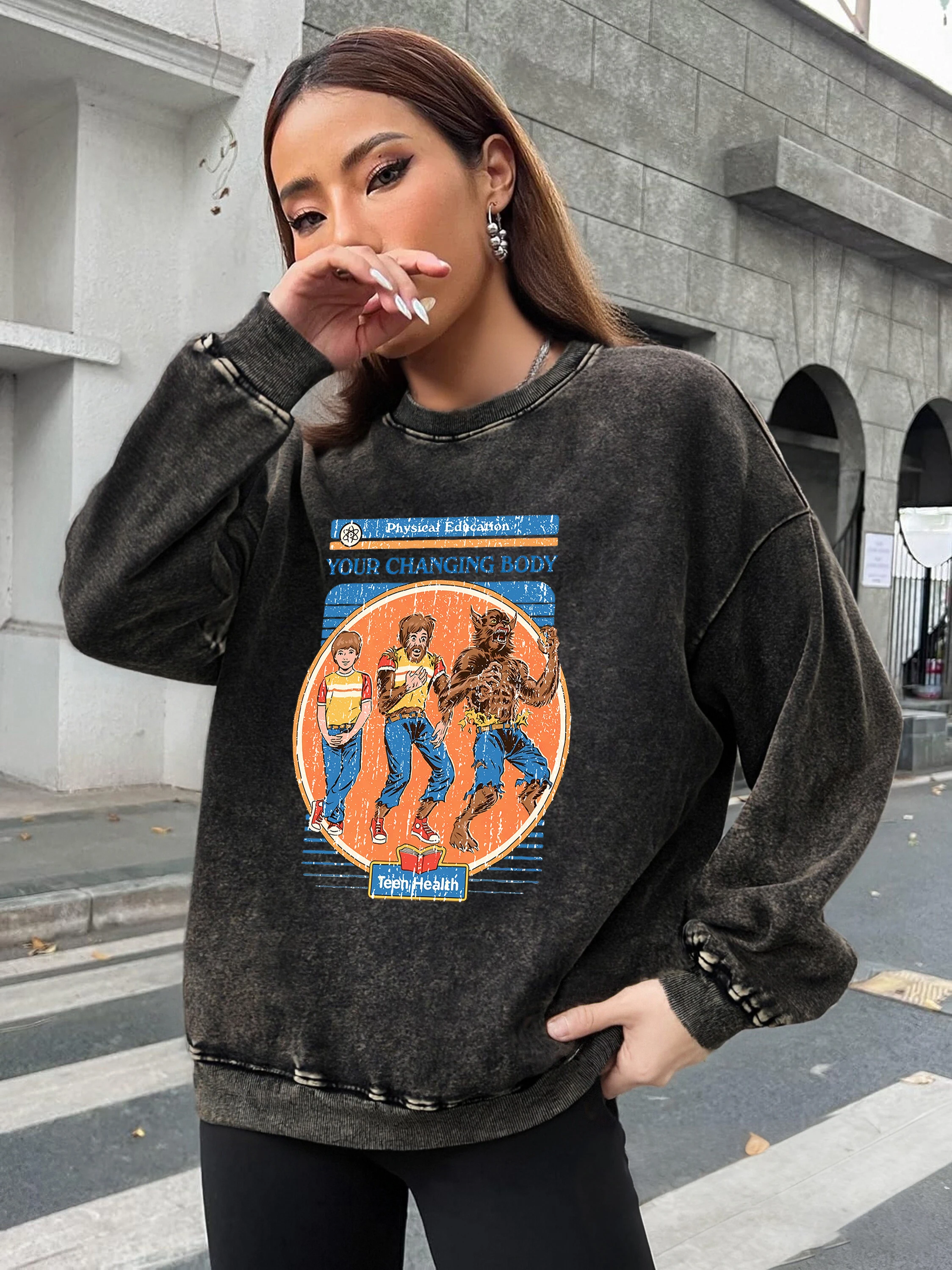 Your Changing Body Print امرأة س الرقبة البلوز عارضة لينة غسلها البلوز ملابس قطنية مريحة طويلة الأكمام الخريف أعلى #2