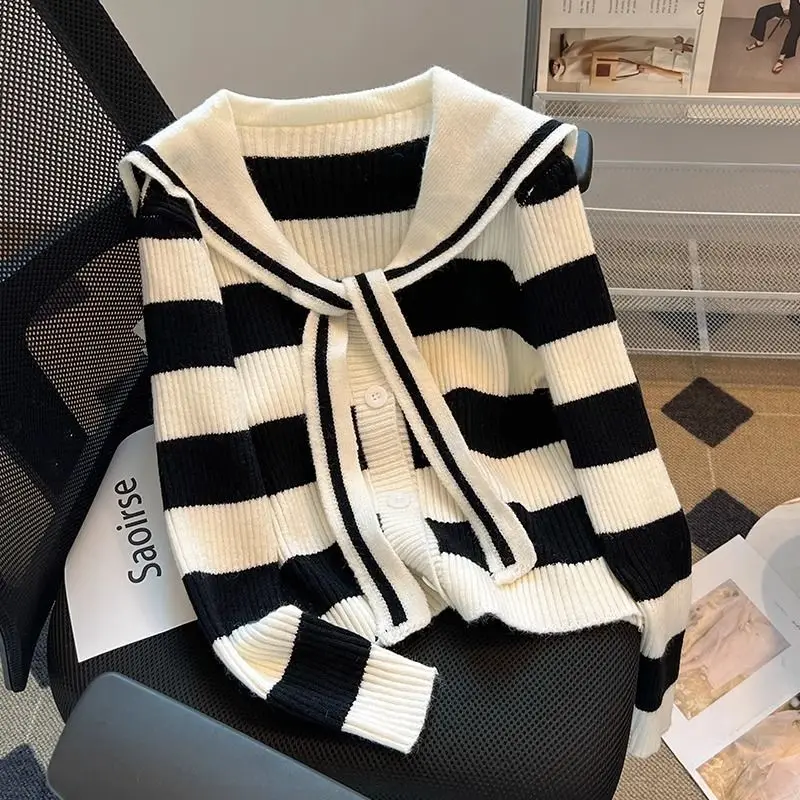 여성 봄 가을 프레피 스타일 스웨터 카디건 2025 신사 숙녀 패션 선원 칼라 니트 코트 긴 소매 니트 여성